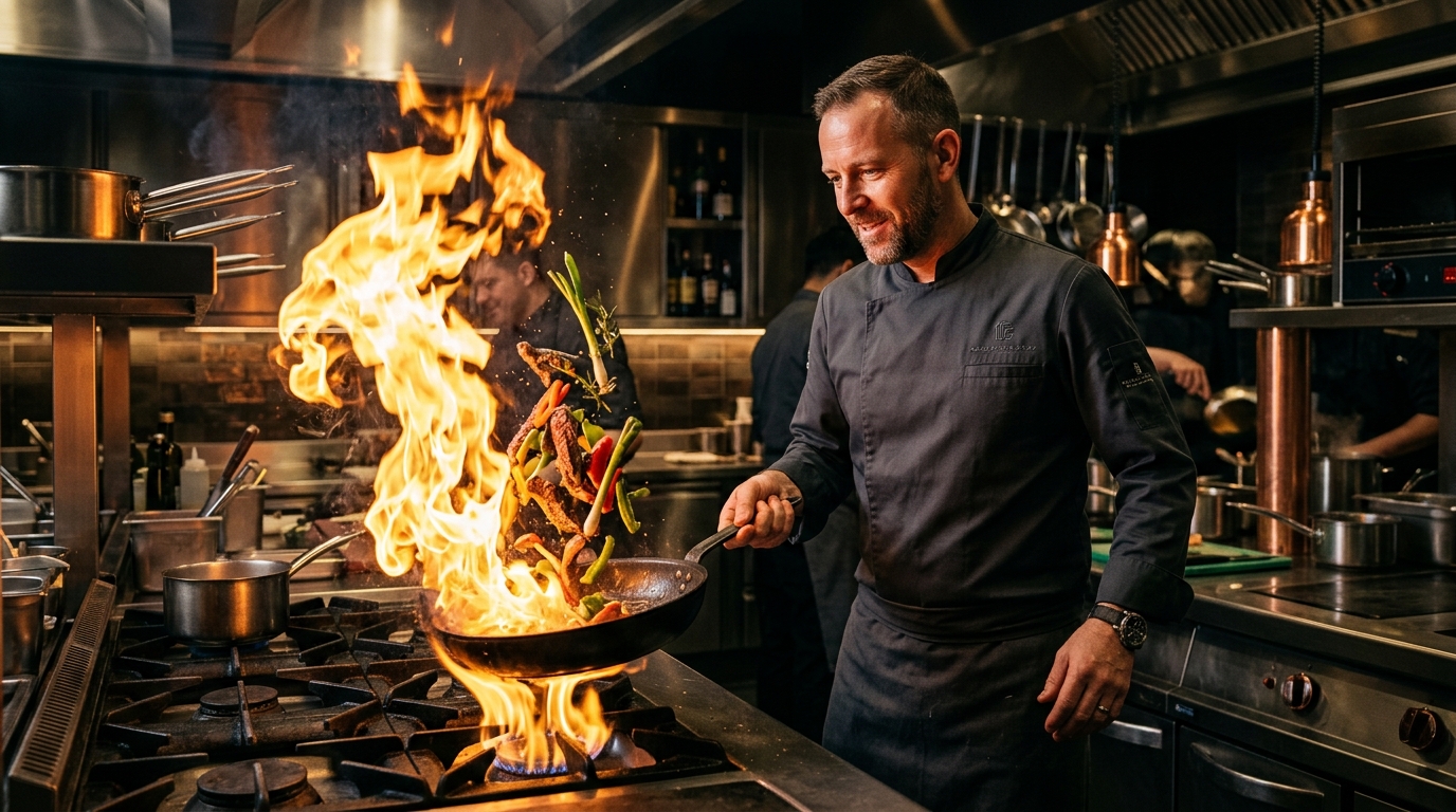 Chef cooking with intense live flame at Al Miqat Restaurant